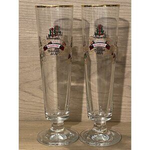 2 Lindemans Tall Fluted Beer Glasses Gold Rim Kriek Peche Pomme Framboise